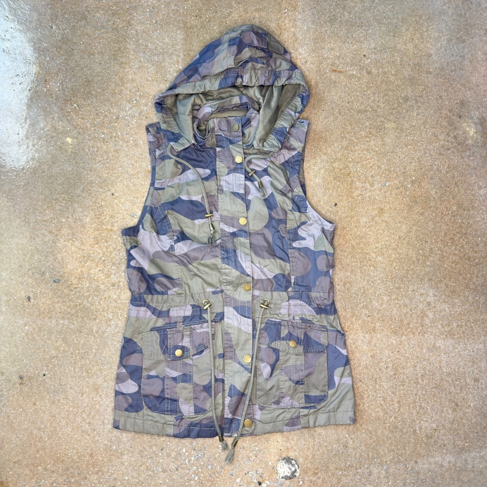Snobbish Collection Camo Utility Vest Womens Medium Green Blue Camouflage Hooded